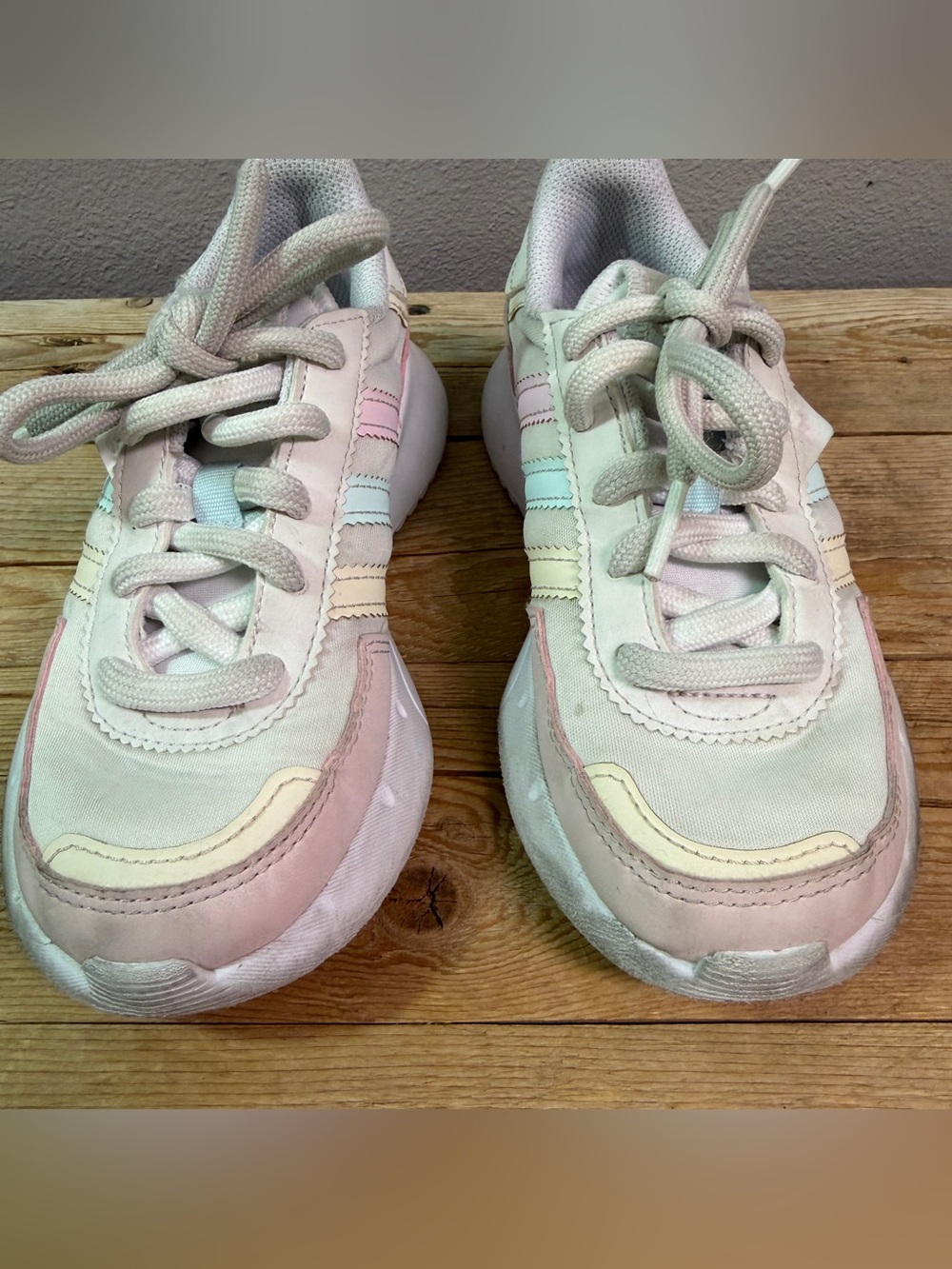 Kids Adidas Pastel Stripe Lace-Up Sneakers - Pink, Light Blue & Cream